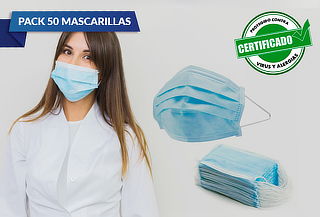 50 Mascarillas Desechables 3 Pliegues Elástico Certificado