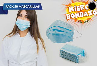 50 Mascarillas Desechables 3 Pliegues Elástico Certificado