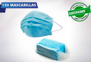 150 Mascarillas Desechables 3 Pliegues Elástico Certificado