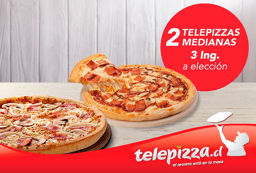 Telepizza: 2 Pizzas Medianas o Familiares 3 ing. a elección