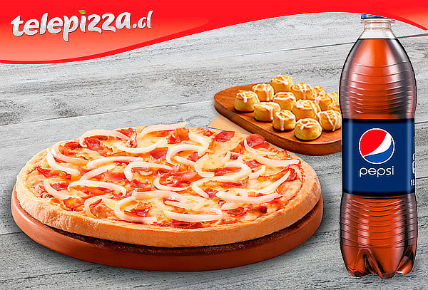 Pizza mediana 2 ingredientes + rollitos + bebida 1.5 litros