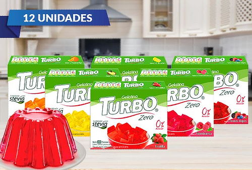 Pack 12 Gelatinas Turbo Zero, 6 sabores. 