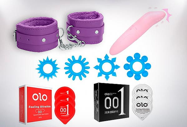 Pack Esposas, Minivibrador, Set anillos, Preservativos