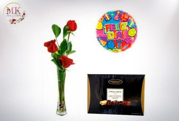Florero de 3 Rosas, Bombones Surtidos y Globo