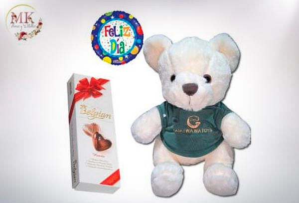 Peluche con Poleron de 30cm, Bombones Belgian y Globo