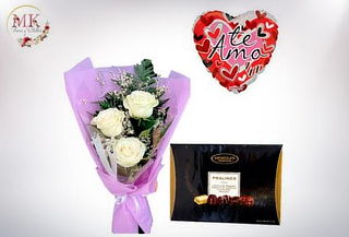 Ramo de 3 Rosas Blancas, Bombones Surtidos y Globo