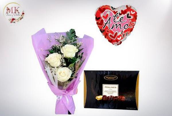 Ramo de 3 Rosas Blancas, Bombones Surtidos y Globo
