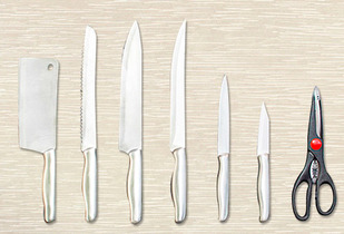 Set de 6 cuchillos + tijera de cocina + soporte de madera