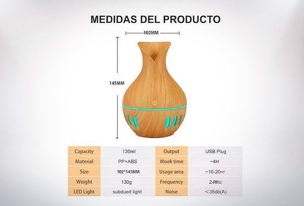 Difusor De Aromas Humidificador de Aire, LED de 130 ml