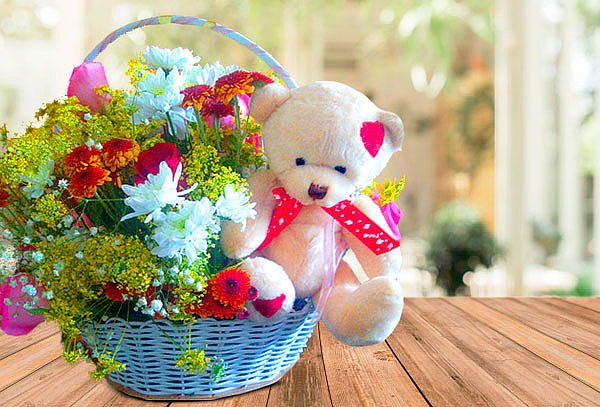Detalle de Canasta de Flores + Peluche + Tarjeta a Domicilio