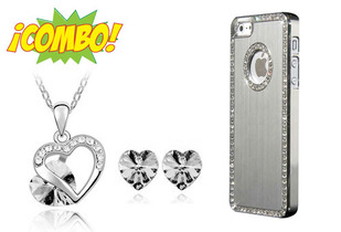 Aretes y Dije Found The Love + Case Glamour Iphone 