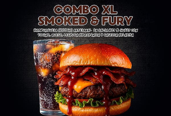Hamburguesa Artesanal XL Smoked & Fury + Papas + Gaseosa