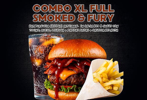 Hamburguesa Artesanal XL Smoked & Fury + Papas + Gaseosa