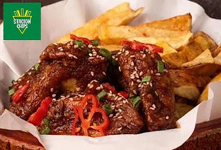 Box Stación BBQ: 10 Alitas BBQ+Papas Artesanales+ 2 Gaseosas