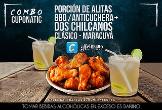 ¡Chilcanos y Alitas para 2 en Salsa a Elegir! Artesano Bar
